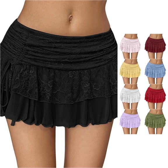 Wxolcjlv Womens Lace Ruched Mini Skirt Drawstring Side Tiered Ruffle Hem Evening Skirts