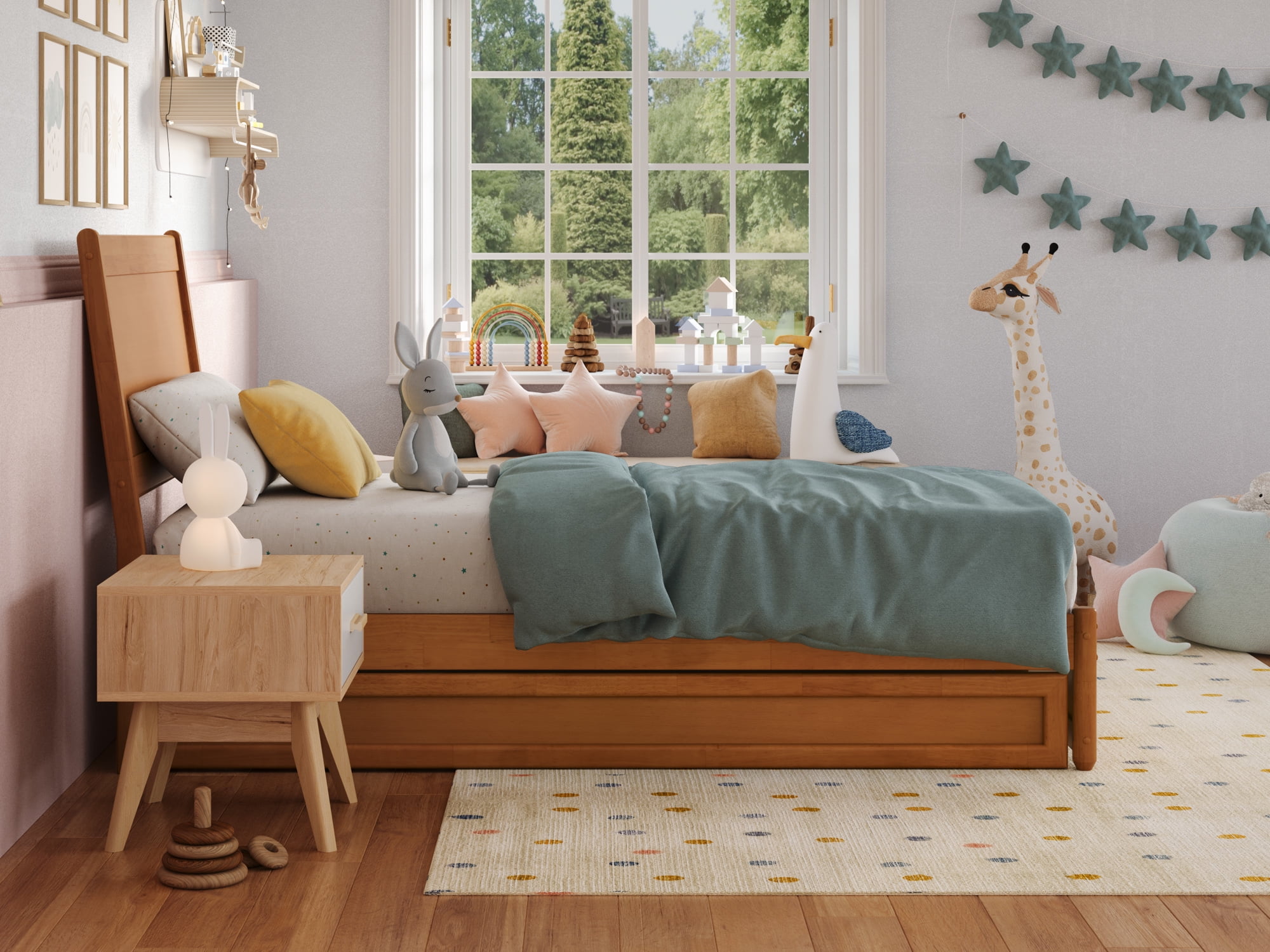 AFI Casanova Twin Wood Platform Bed with Panel Footboard and Twin Trundle, Light Toffee