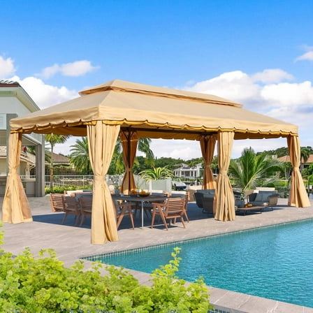 Erommy 10x20 Outdoor Screened Gazebo with Netting and Shade Curtains , Steel Double Roof Patio Gazebo for Deck,Backyard and Garden, Beige