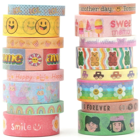 YUBX Happy Days Washi Tape Set 16 Rolls Cute Cartoon Masking Decorative Tapes