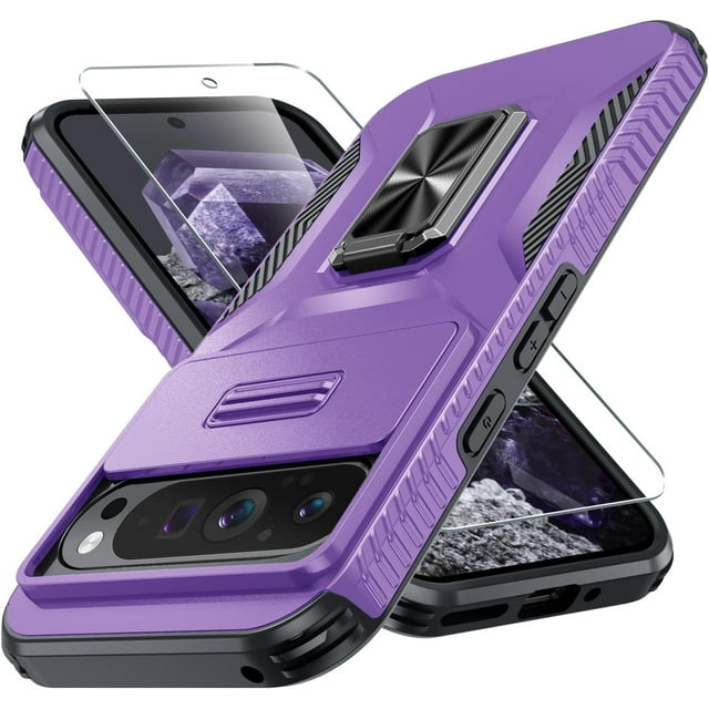KOMI for Google Pixel 9 Pro XL Case with Tempered Glass Screen Protector and Camera Lens Cover,Rotated Ring Stable Kickstand,Heavy Duty Shockproof Protective Phone Cover Purple