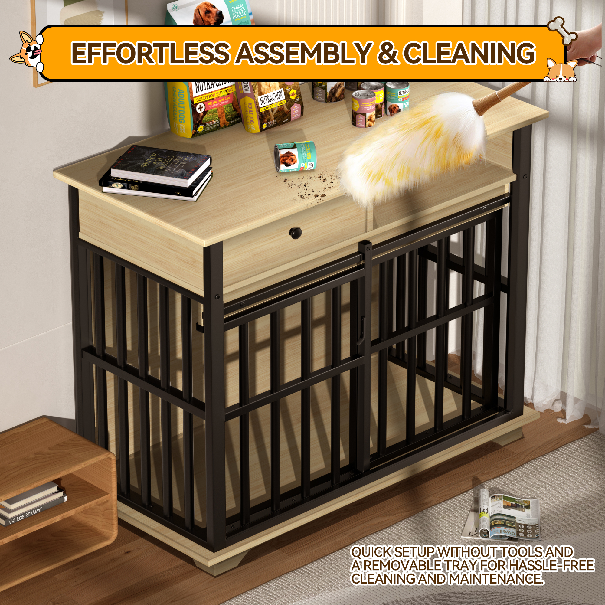 36" 2-in-1 Dog Crate Furniture, Dog Cage with Double Storage Cabinets, Indoor Iron-Wood Dog Kennel Table for Medium & XLarge Dogs, Rustic Brown Decorative Pet Cage with Sliding Door & Removable Tray