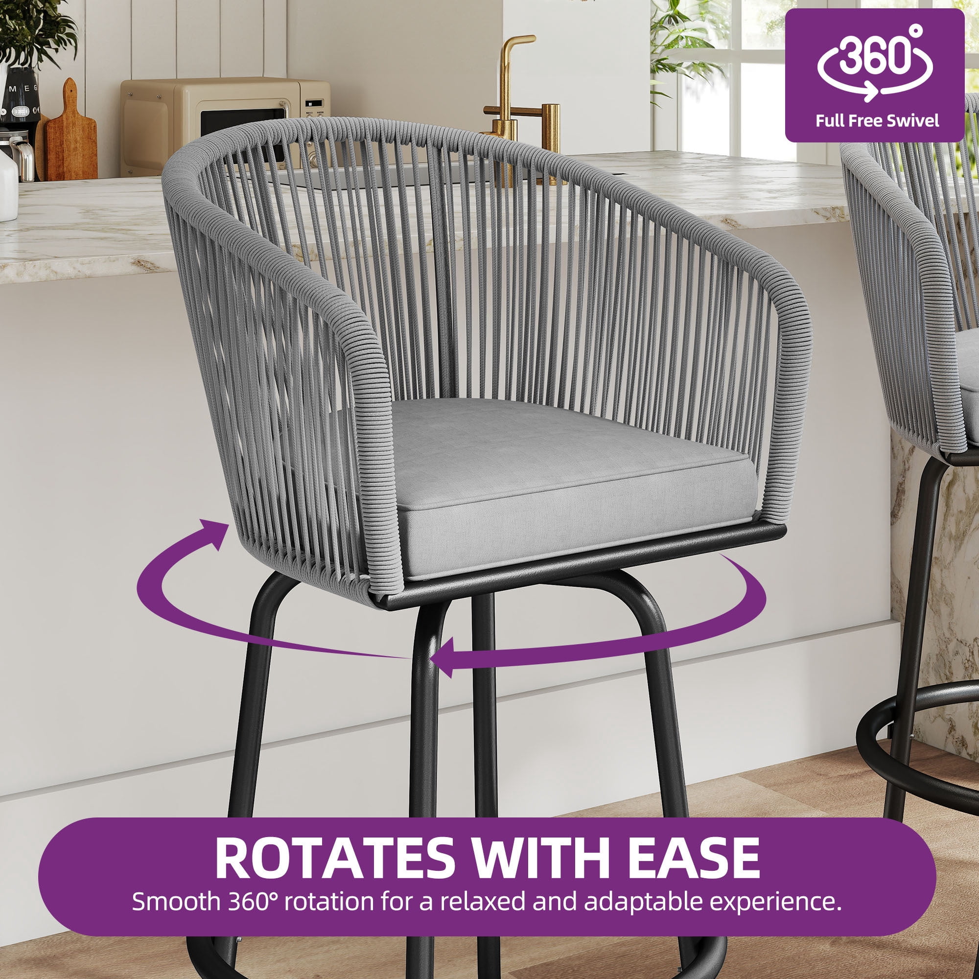 Uforic Set of 2 Patio Bar Stools, Counter Height Swivel Bar Stools with Cushions, Outdoor Rattan Patio Chairs for Indoor Outdoor Backyard Balcony Deck Lawn, Gray