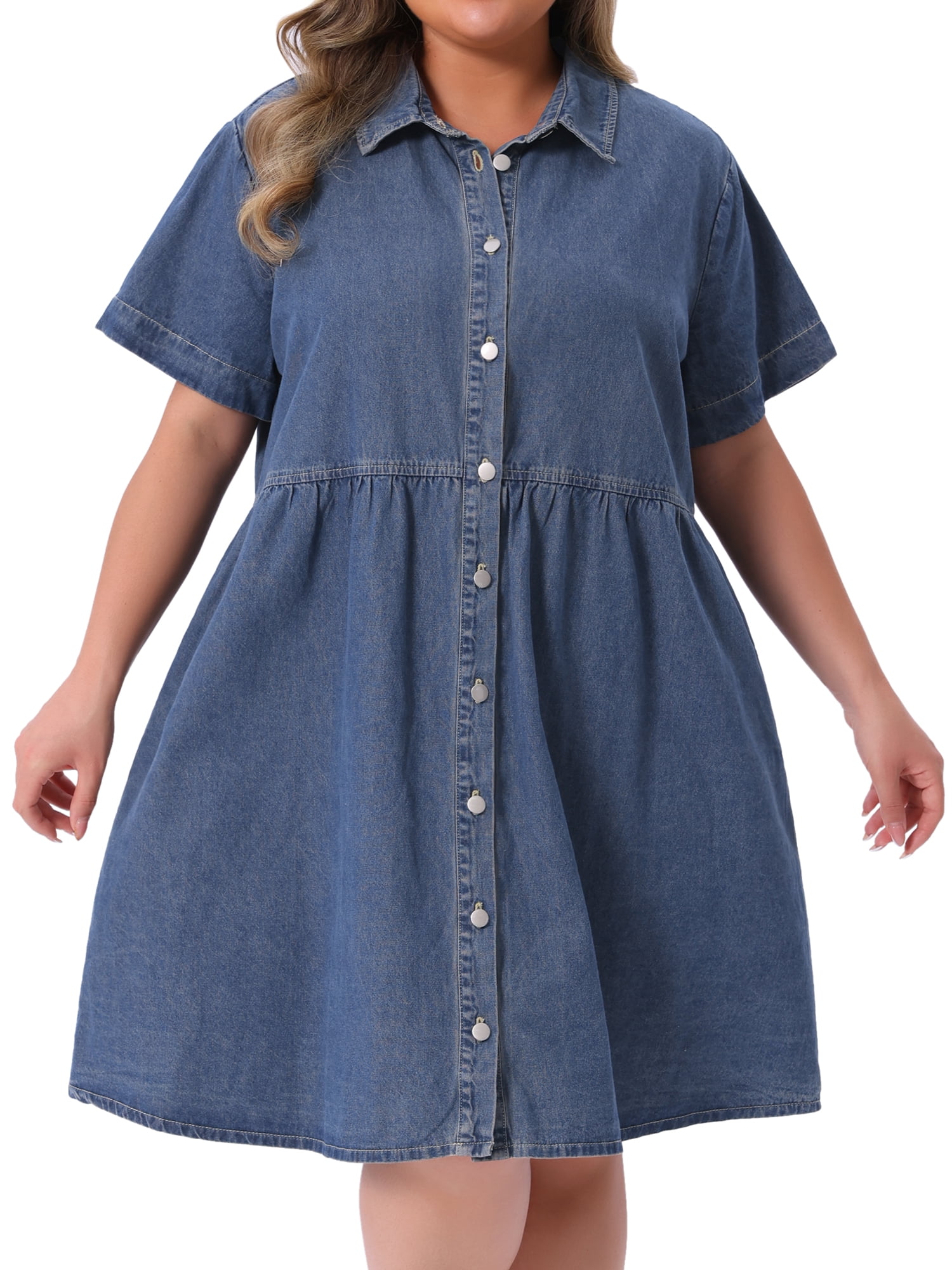 DARING DIVA Women's Plus Size Casual Denim Babydoll Pockets Dress 3X Gray Blue