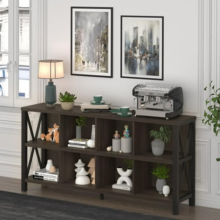 FATORRI 8 Cube Storage Organizer Bookshelf  Rustic Wood Cubby Bookcase  Industrial Horizontal Long Shelf for Living Room (Walnut Brown  62 Inch)