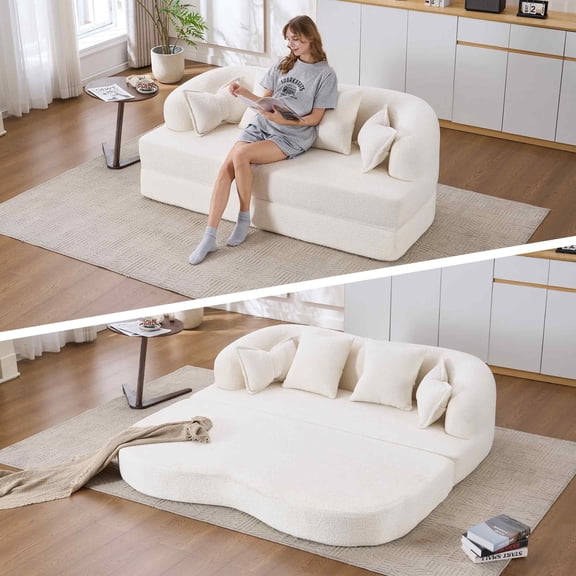 Timbernest 70" Convertible Sleeper Sofa, 2-in-1 Chenille Boneless Loveseat, Folding Floor Cloud Couch for Living Room Apartment, Milk White