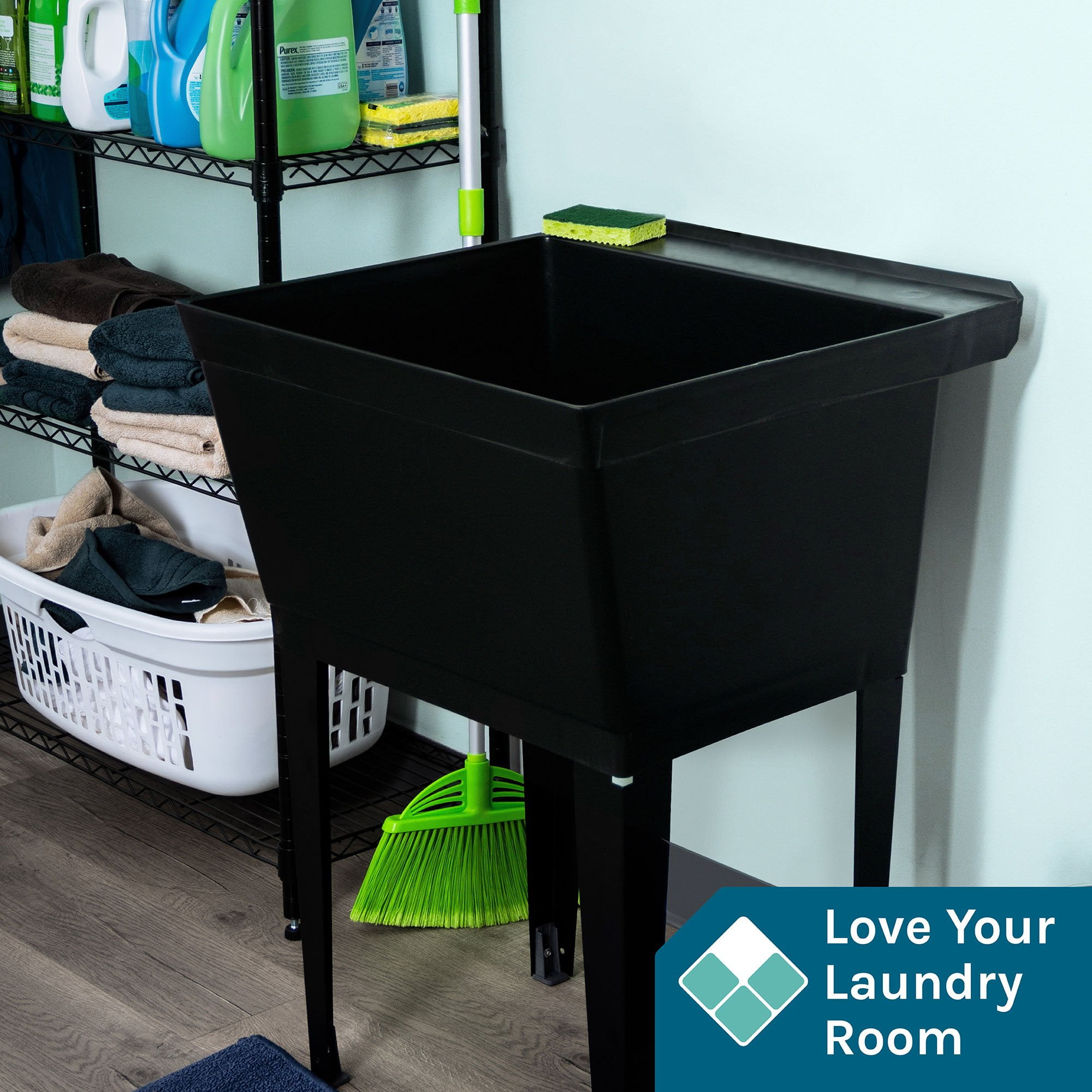 Tehila Black Freestanding Floor Mount Utility Sink for Laundry Room, Basement, Garage