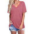 thumbnail image 1 of New Women's Casual V Neck T Shirt Short Sleeve Loose Top Patchwork Blouse, 1 of 2