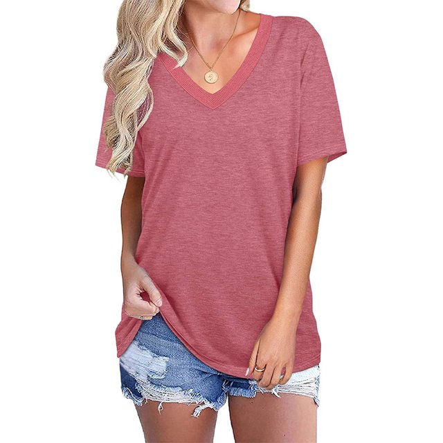 New Women's Casual V Neck T Shirt Short Sleeve Loose Top Patchwork Blouse