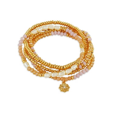 Time and Tru Women's Gold Tone 7" Stretch Muted Pastel Beaded Bracelet Set