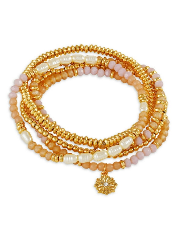 Time and Tru Women's Gold Tone 7" Stretch Muted Pastel Beaded Bracelet Set