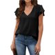 thumbnail image 1 of Blusa de verano transpirable con manga corta y cuello en V para mujer para citas diarias de compras Negro XL, 1 of 6