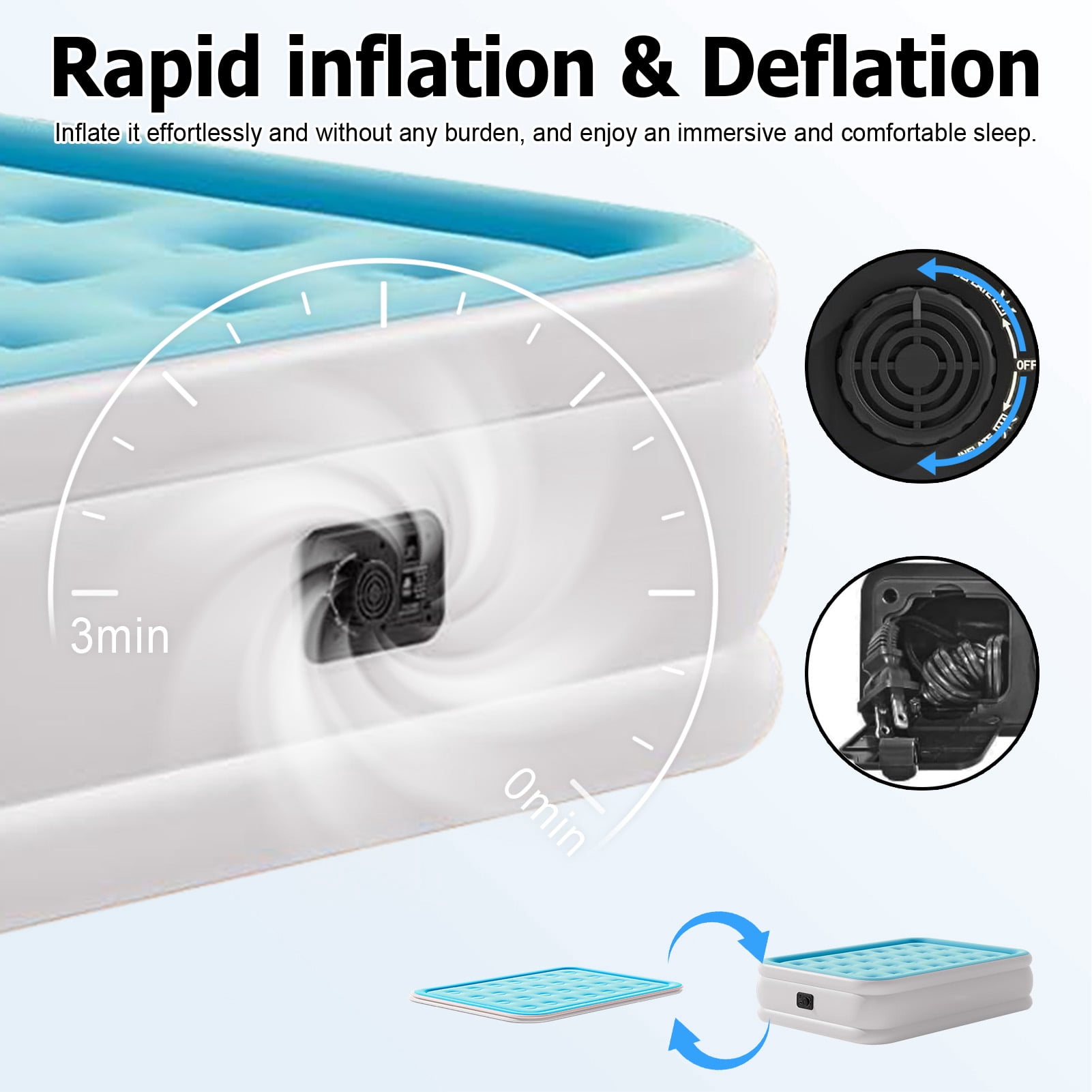 Full Air Mattress with Built-in Pump 18" Top Flocking,Raised Comfort,Fast Inflation/Deflation Foldable Portable Air Bed with Storage Bag for Home,Camping,Guests Light Blue