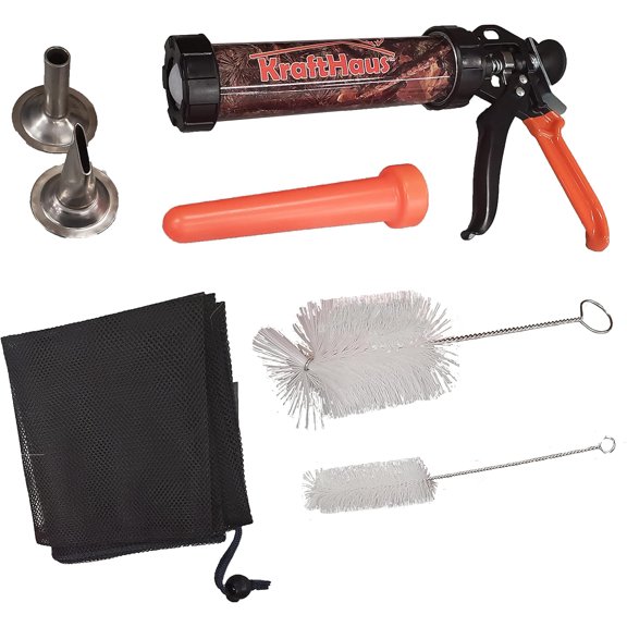 KraftHaus Premium Jerky Maker Gun (Small) - Durable Drive | Camo Barrel | Comfort Grip Trigger | 2 Stainless Steel Nozzles | Cleaning Brushes, Stuffer & Carrying Bag | For Hunters, Chefs & Jerky Fans