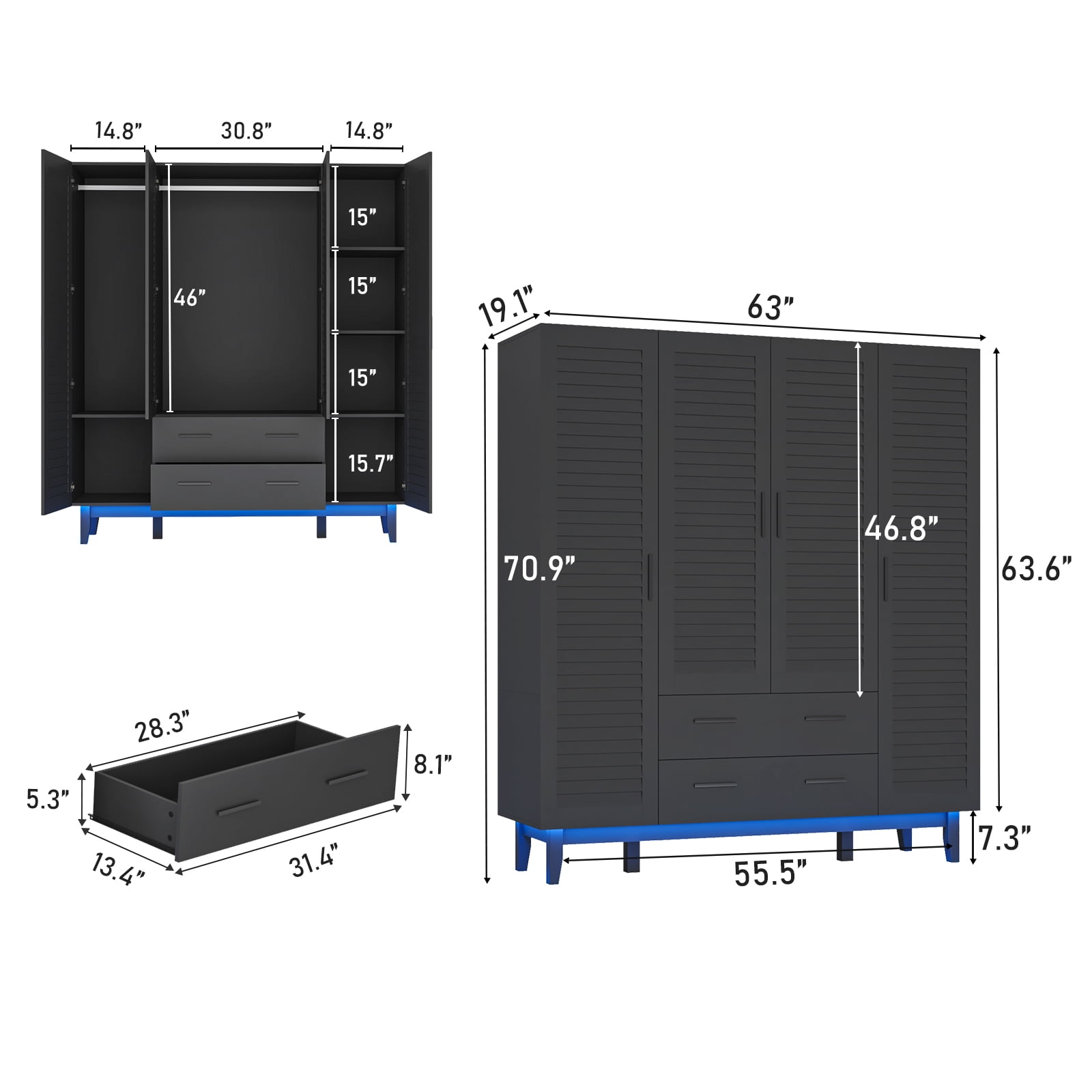 Blotout 70" Armoire Wardrobe Closet with Mirror & LED Lights, 4 Door Wardrobe Armoire with 2 Large Drawers, LED Wood Armoire Storage with Hanging Rods and Multi-Layer Shelves(Black)