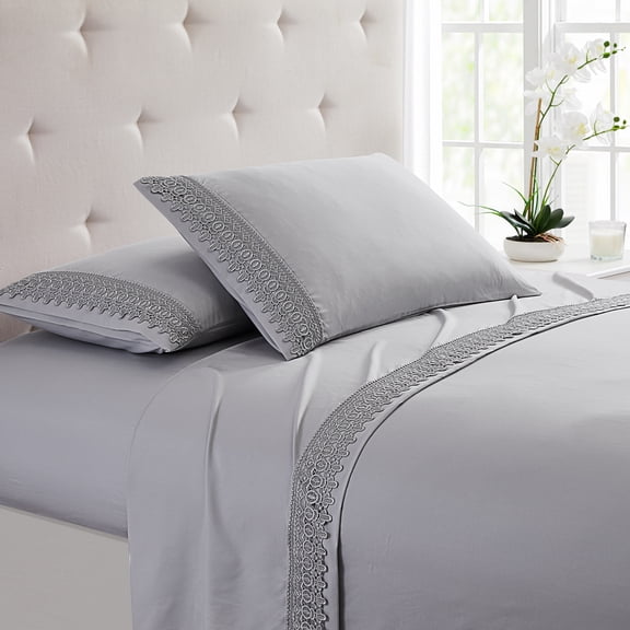Spirit Linen Home - Twin Microfiber Lace Light Gray Sheet Set