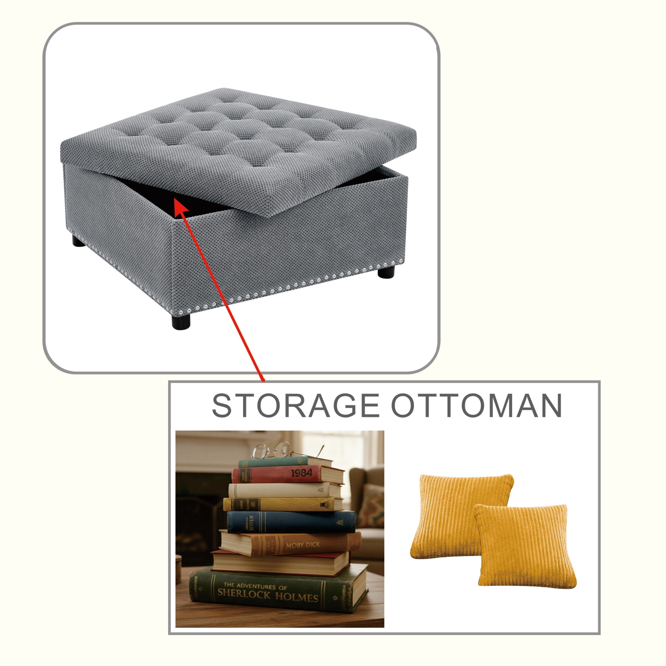 Noble House 30" Square Storage Ottoman with Tufted Top, Nailhead Trim, Light Gray