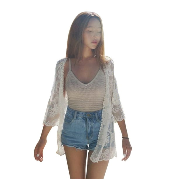 Blusa informal de playa para mujer, blusa de bikini para niña, hermoso chal de encaje (blanco)