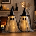 thumbnail image 4 of Cififendec Halloween Light Up Fabric Ghost Hanging Ornament, Double Layer Tulle Ghost with Witch Hat for Porch Eave and Fireplace Mantel Decor, 21.65", 4 of 7
