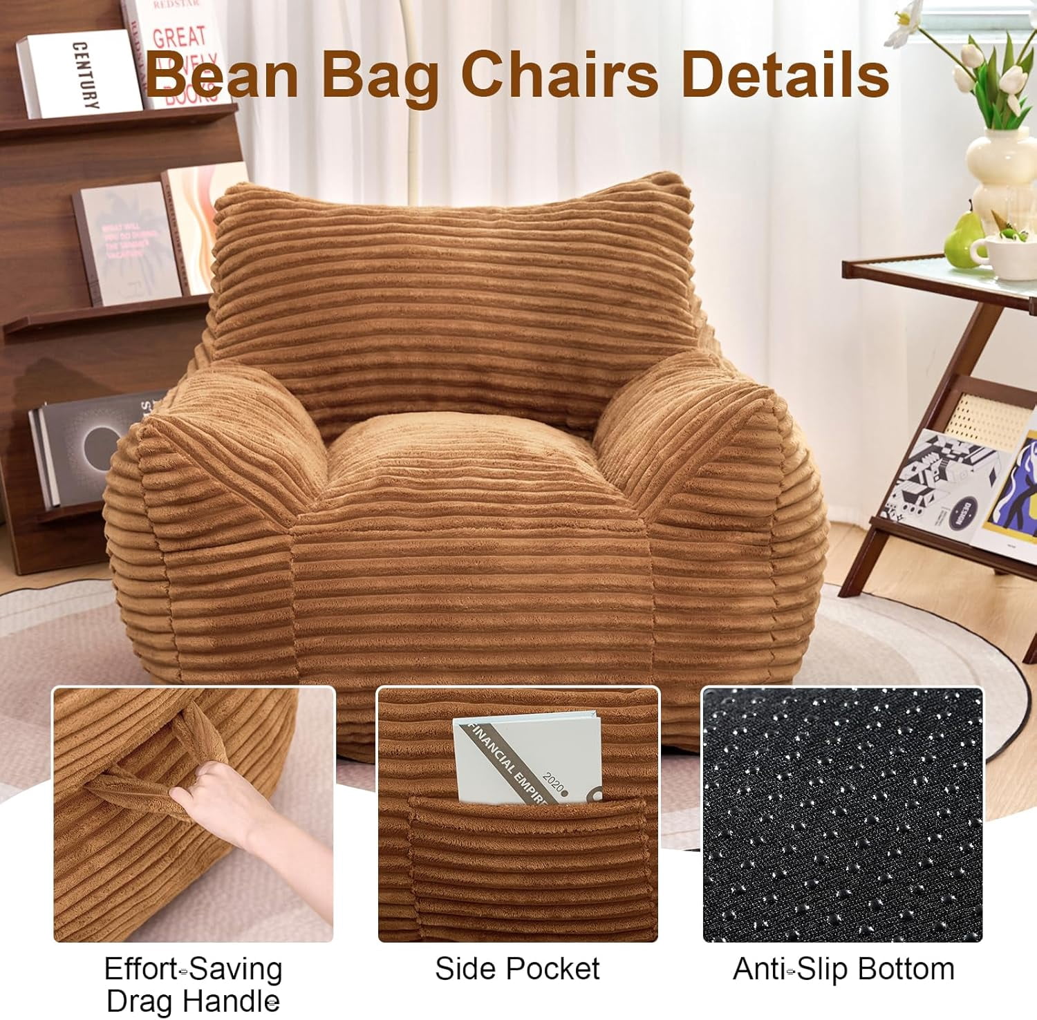 Ywen Bean Bag Chair for Adults & Kids, Giant Bean Bag Sofa with Side Pocket, Corduroy Beanbag Chair with Armrests, Comfy Stuffed Floor Sofa for Living Room Bedroom Dorm, Brown