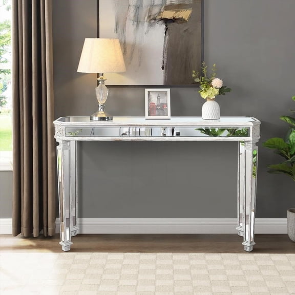 Modern Mirror Console Table with Vintage Carving, Stable & Easy to Clean (48''W x 32.3''H x 18''D)