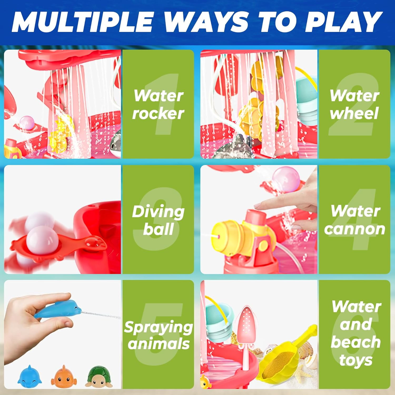 Water and Sand Table with Water Pumb & Umbrella - Summer Toys 3-Tier Kids Water Play Table, Outdoor Beach Toys with Cute Accessories