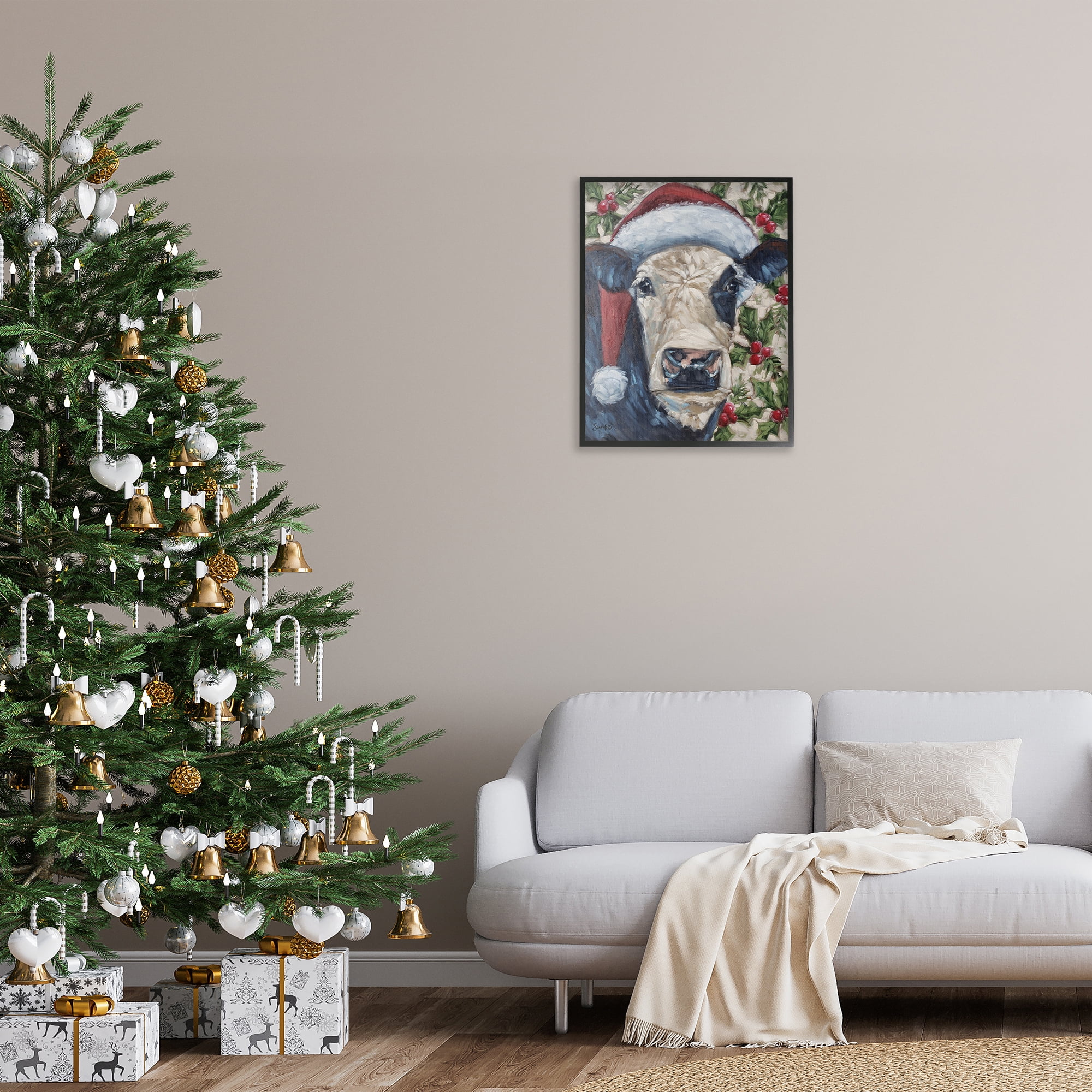 Stupell Industries Cow with Festive Holly Holiday Painting Black Framed Art Print Wall Art, 24 x 30