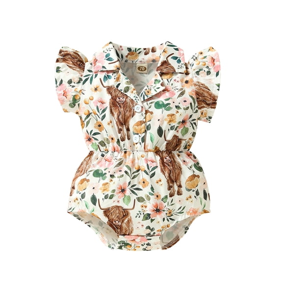 Coduop Baby Girls Romper,Fly Sleeve Turn-down Collar Button Closure Cactus Cow Print Bodysuit
