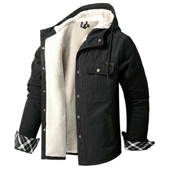 IYTR Winter Men's Hooded Jackets Solid Long Sleeve Fleece Lined Warm Trucker Jacket Coat with Pockets Black S