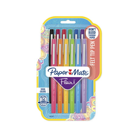 Paper Mate Flair Felt Tip Pens, Medium Point, Assorted Colors, 12