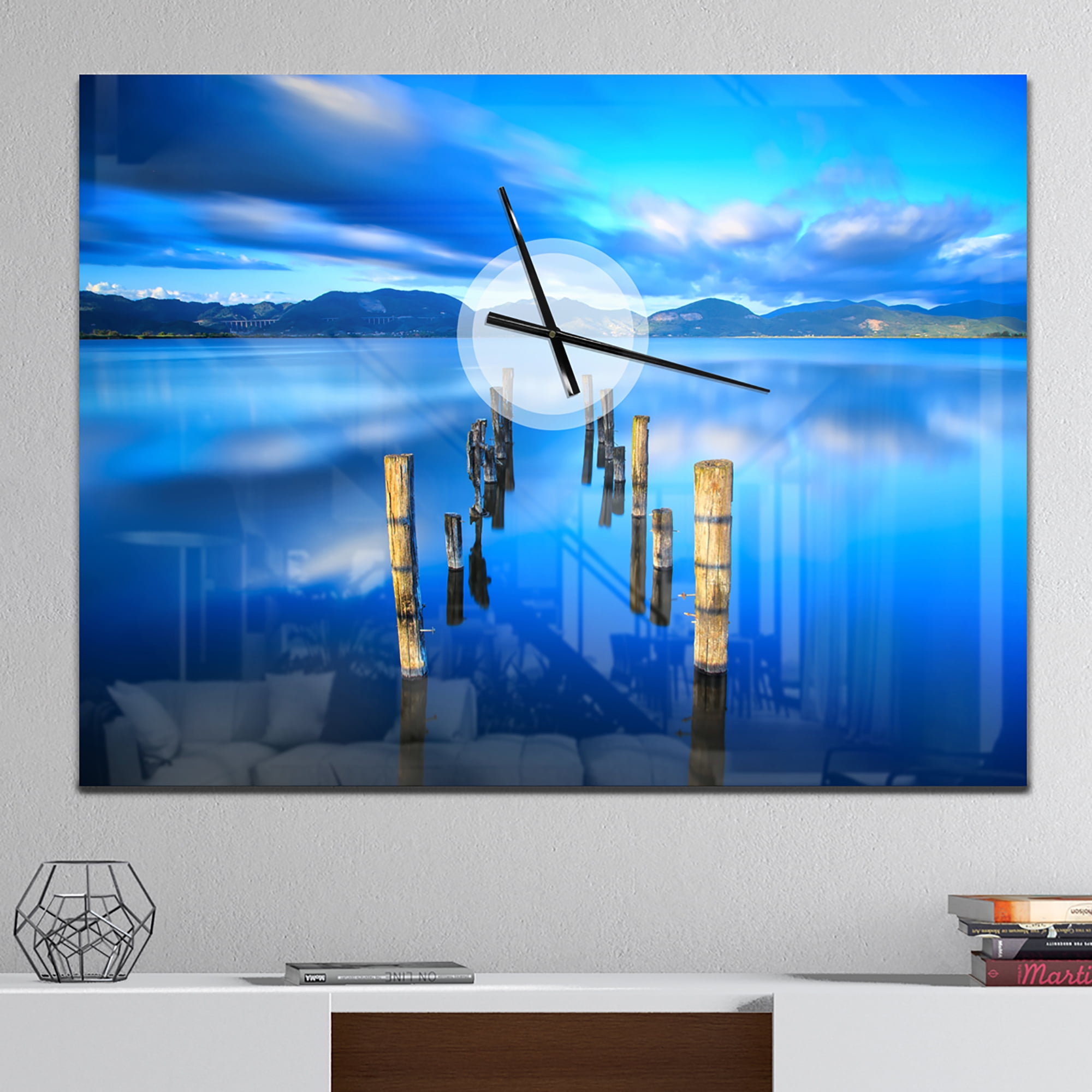 Designart 'Wooden Pier Remains in Blue Sea' Modern Wall Clock