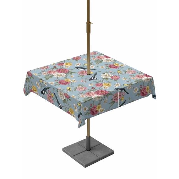 Outdoor Tablecloths with Umbrella Hole & Zipper, Spring Red Floral 54x54 Inch Square Tablecloths, Daiy Birds Farmhouse Blue Botanical Waterproof Table Cloth, Patio/Pool/Picnic Table Covers