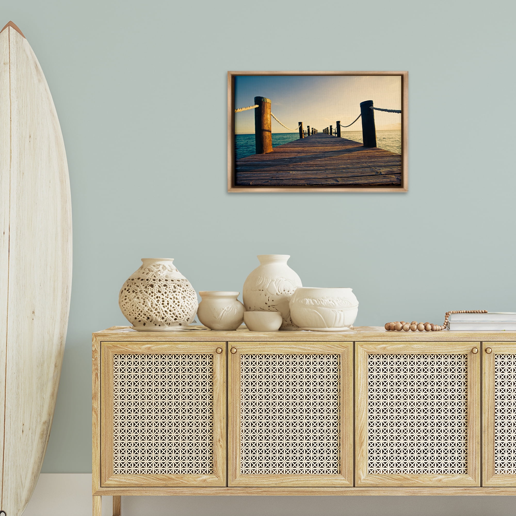 Stupell Industries Summer Coastal Dock Coastal Photography Brown Floater Framed Canvas Art Print Wall Art, 25 x 17
