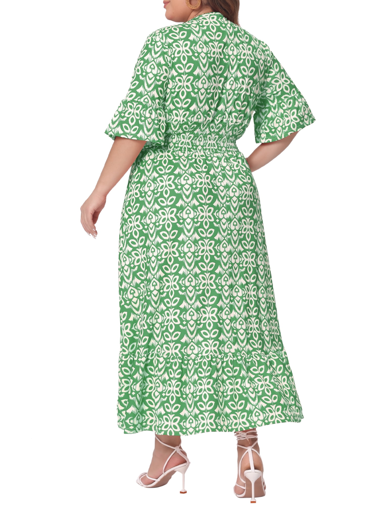 DARING DIVA Women's Plus Size Bell Sleeve Ruffled Hem Boho A Line Dress 1X Green