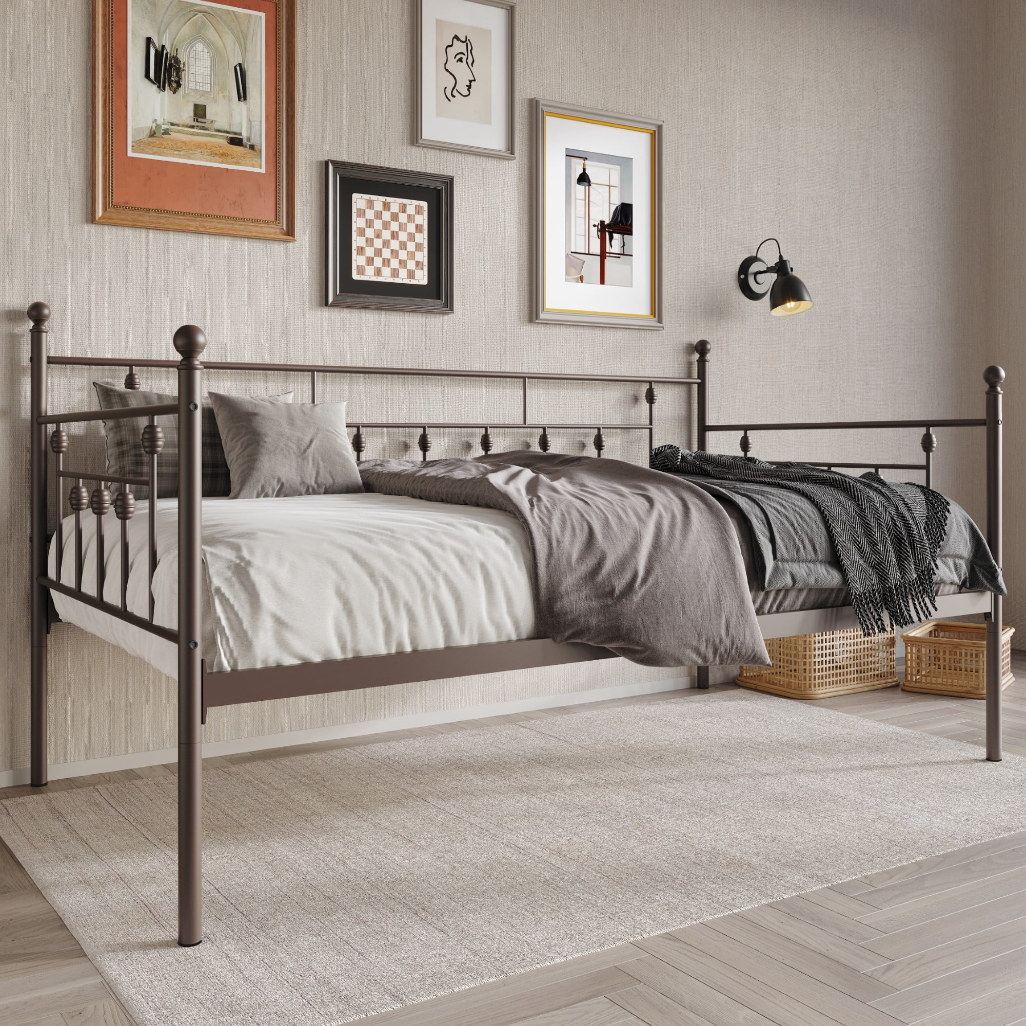 Home Design Aine Twin Metal Daybed with Victorian-Style Frame, Rounded Finials, Durable Slats, Stylish and Functional for Bedroom or Guest Room, Brown