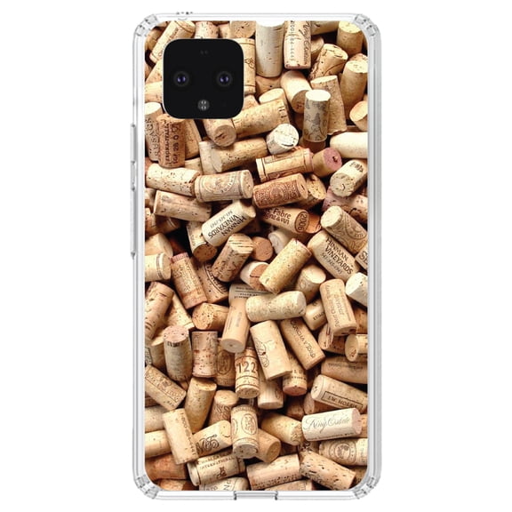 DistinctInk Clear Shockproof Hybrid Case for Google Pixel 4 (5.7" Screen) - TPU Bumper, Acrylic Back, Tempered Glass Screen Protector - Wine Corks Image Print - Printed Cork Image