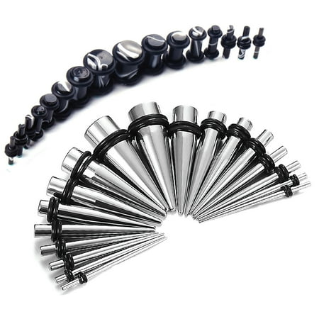 BodyJ4You 36PC Gauges Kit Ear Stretching 14G-00G Steel Tapers Black Marble Acrylic Plugs Set