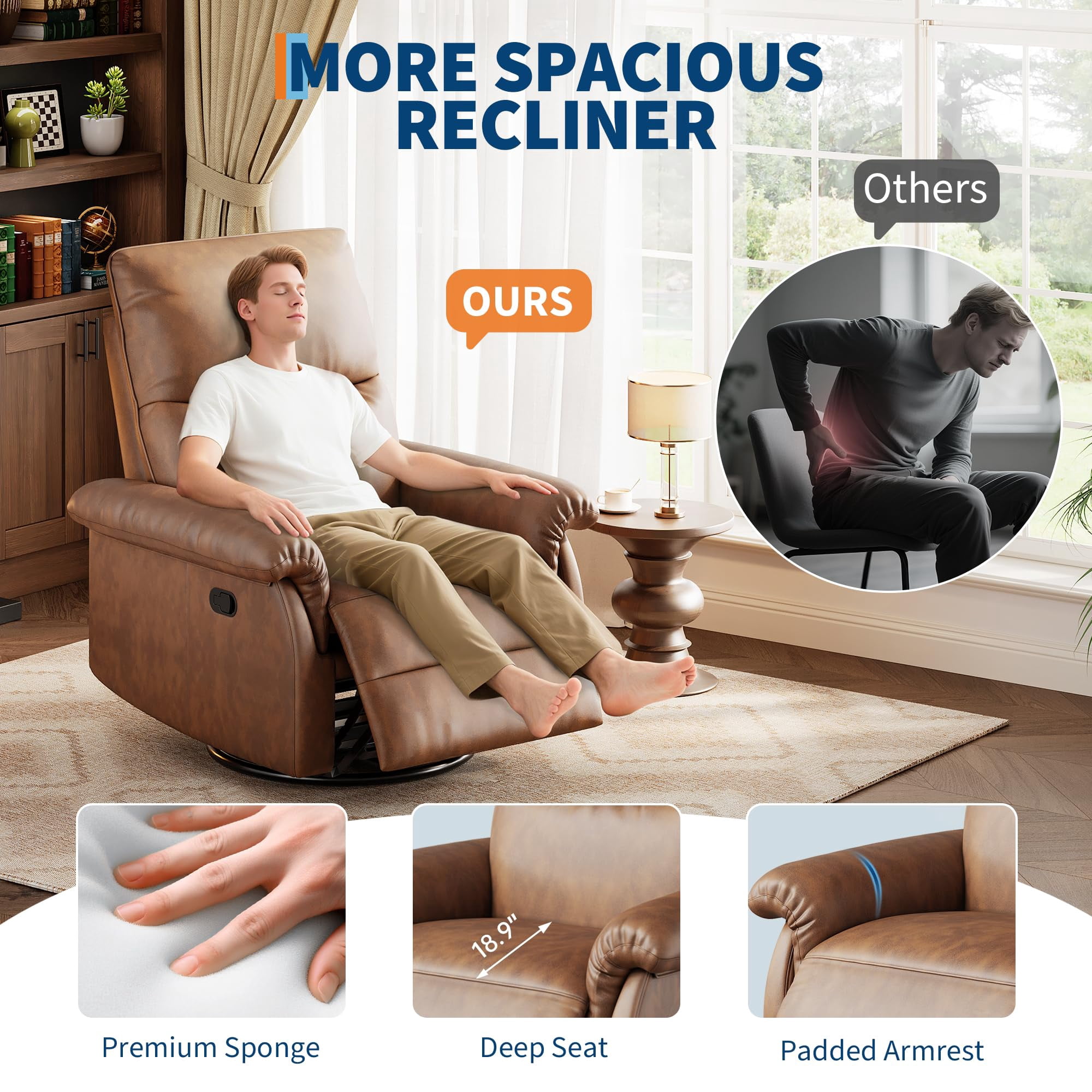 Soonbuy Swivel Rocking Nursery Recliner Chair, Rocker Recliner Glider Deep Seat, PU Leather Sofa Chair with high Backrest for Nursery, Living Room, Bedroom & Home Movie Theater, Orange/Black