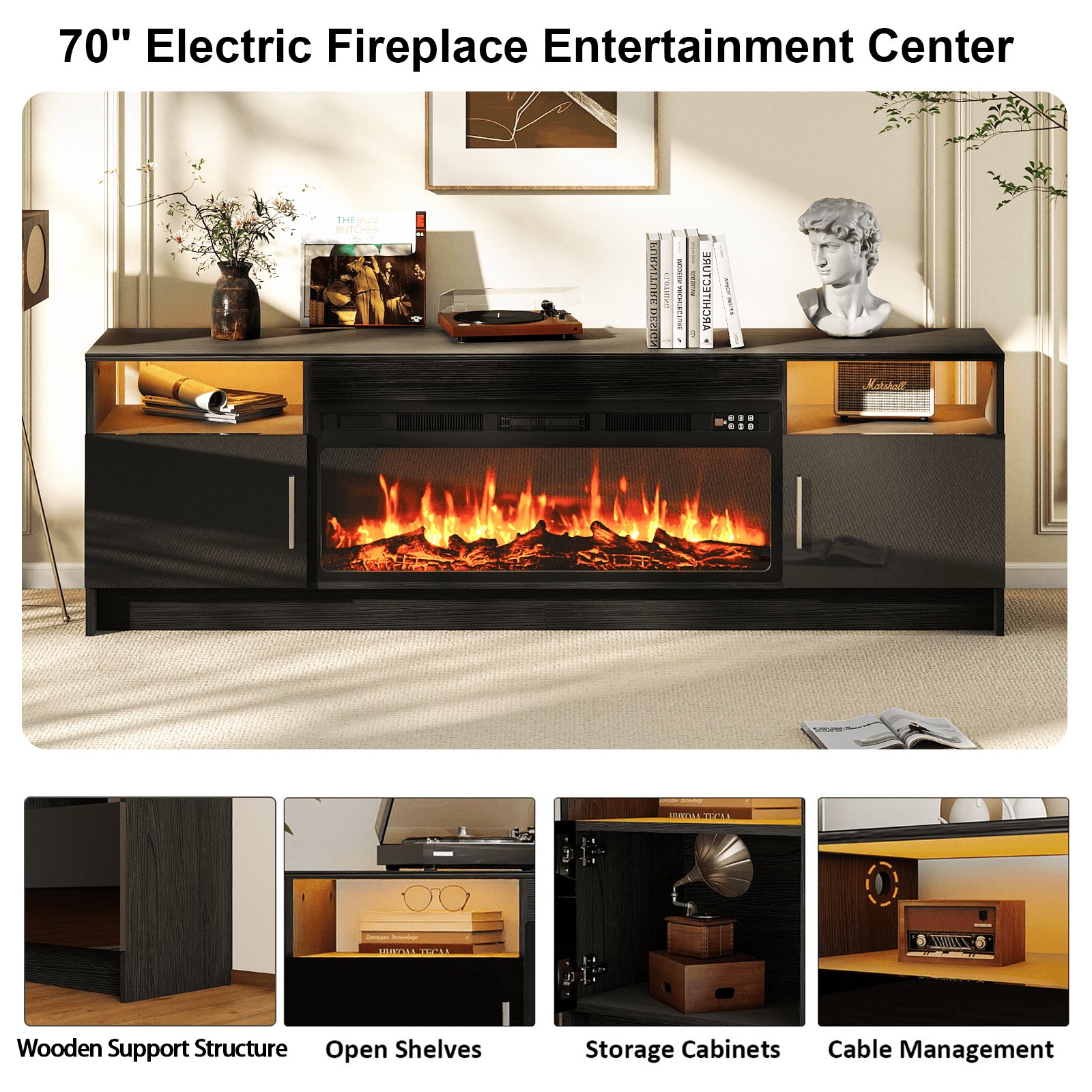 Rocyis 70” TV Stand with 3D Realistic Log Flame Electric Fireplace, Entertainment Center for TVs Up to 80-Inch, Modern TV Console with High Glossy Doors & LED Lights, Black