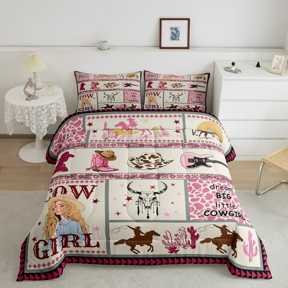 King Size Western Bedding, Western Cow Pink Cow Print Comforter Set for Cowboy Cowgirl Southwestern Horseshoe Boho Skull Bedding Comforter Sets, Modern Fashion Chic Style Quilt