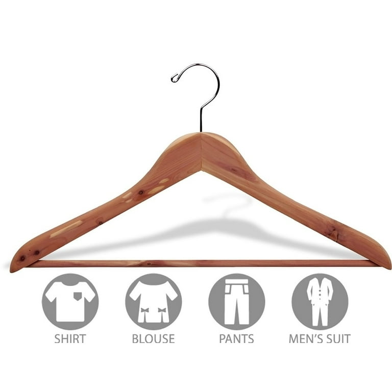 Cedar Wood Suit Hanger w/ Bar, Box of 50 Unfinished Flat Wooden Hangers w/  Chrome Swivel Hook for Jacket Coat Top & Shirt by International Hanger 