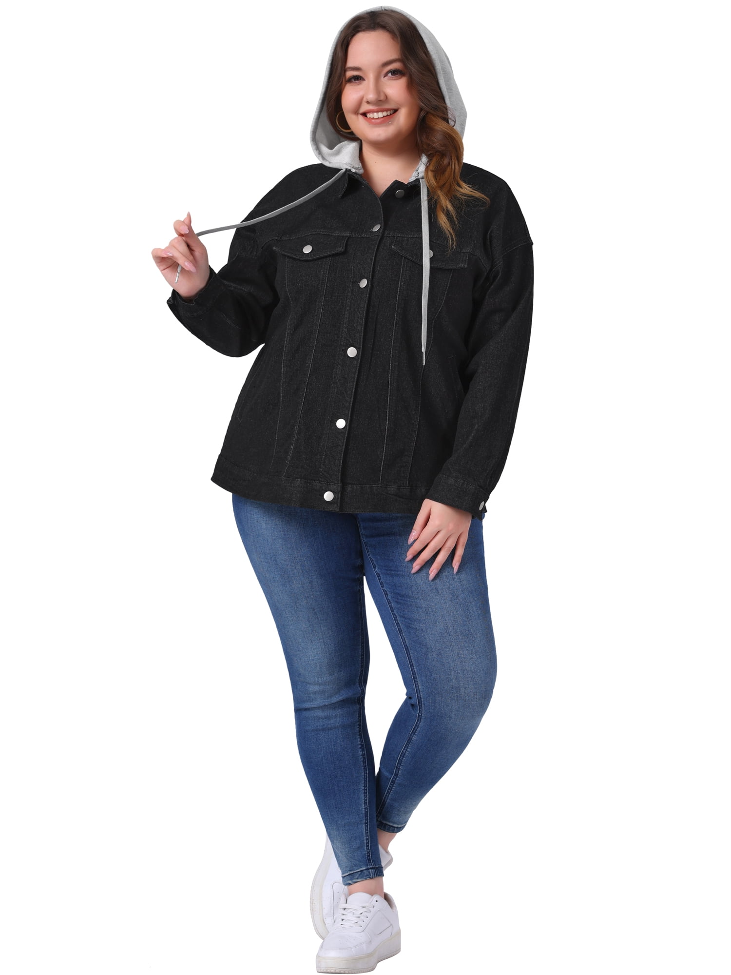 DARING DIVA Women's Plus Size Layered Drawstring Detachable Hoodie Denim Jacket 2X Black