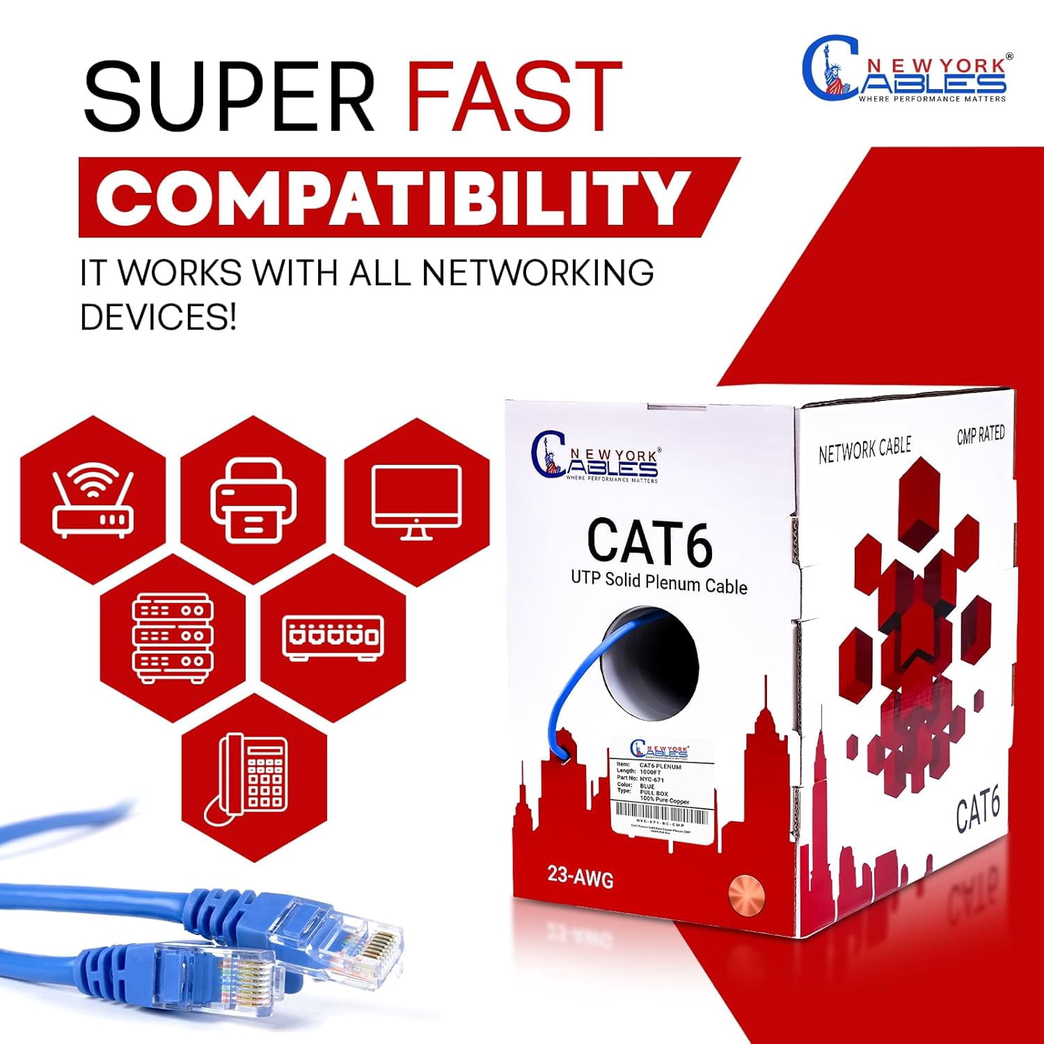 NewYork Cables | Cat6 Plenum Ethernet Cable Pure Copper 1000ft UTP 4Pairs 550MHz 23AWG 10 GB Blue