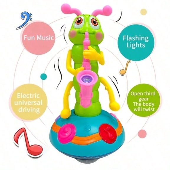9.64in Singing Saxophone Caterpillar Toy, Bump & Go Walking Toy with Flashing Lights & On/Off Switch, Electric Crawling Gift for Kids 3