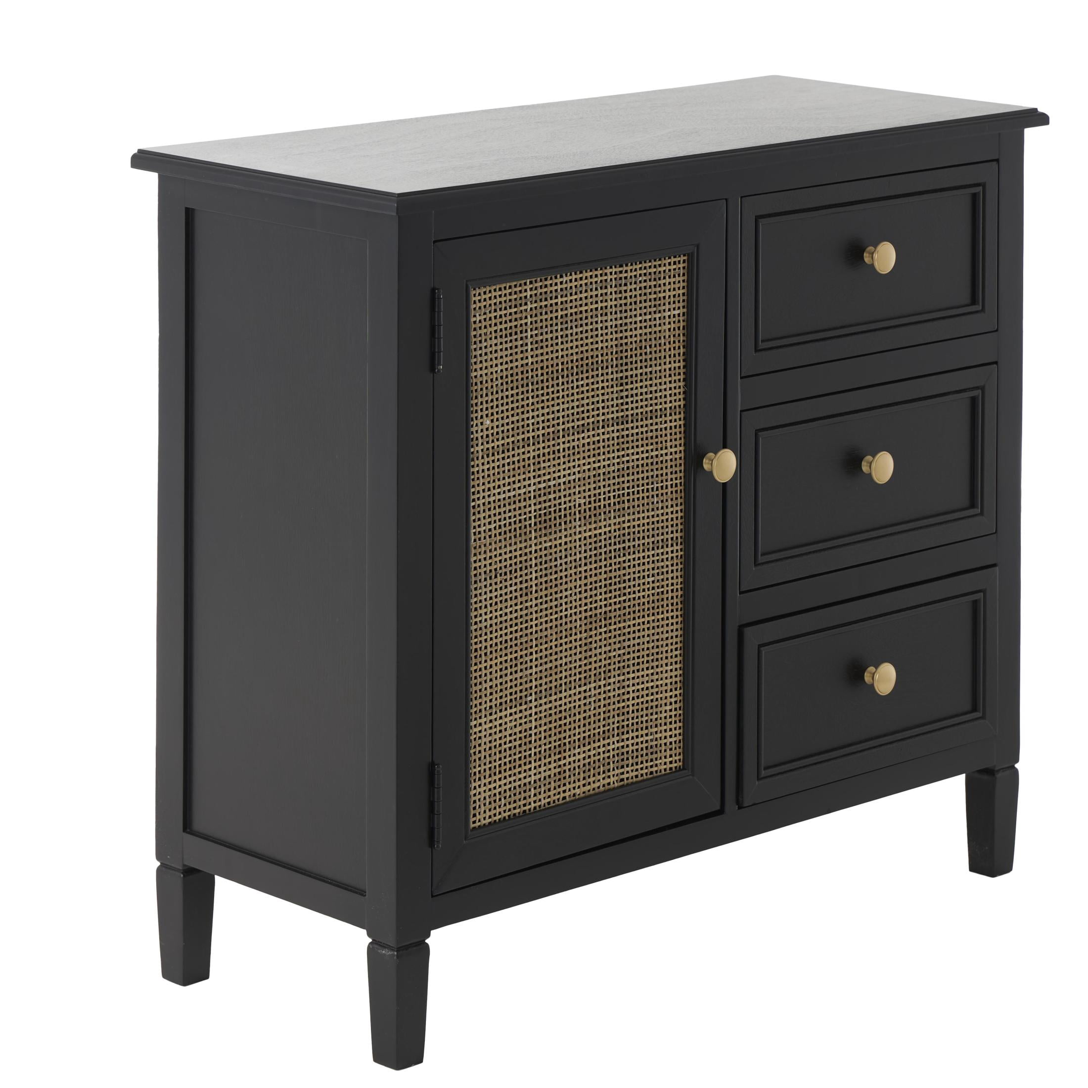 DecMode 30" x 26" Black Wood Handmade 1 Door and 3 Drawers Cabinet with Rattan Front, 1-Piece