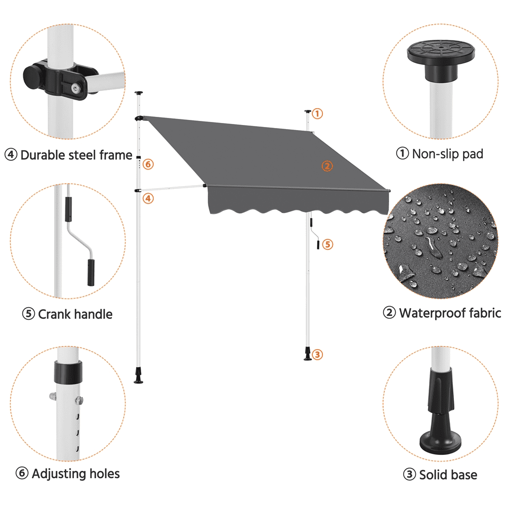 Renwick Manual 78.7″ L Retractable Awning with Adjustable Angle & Height, Dark Gray