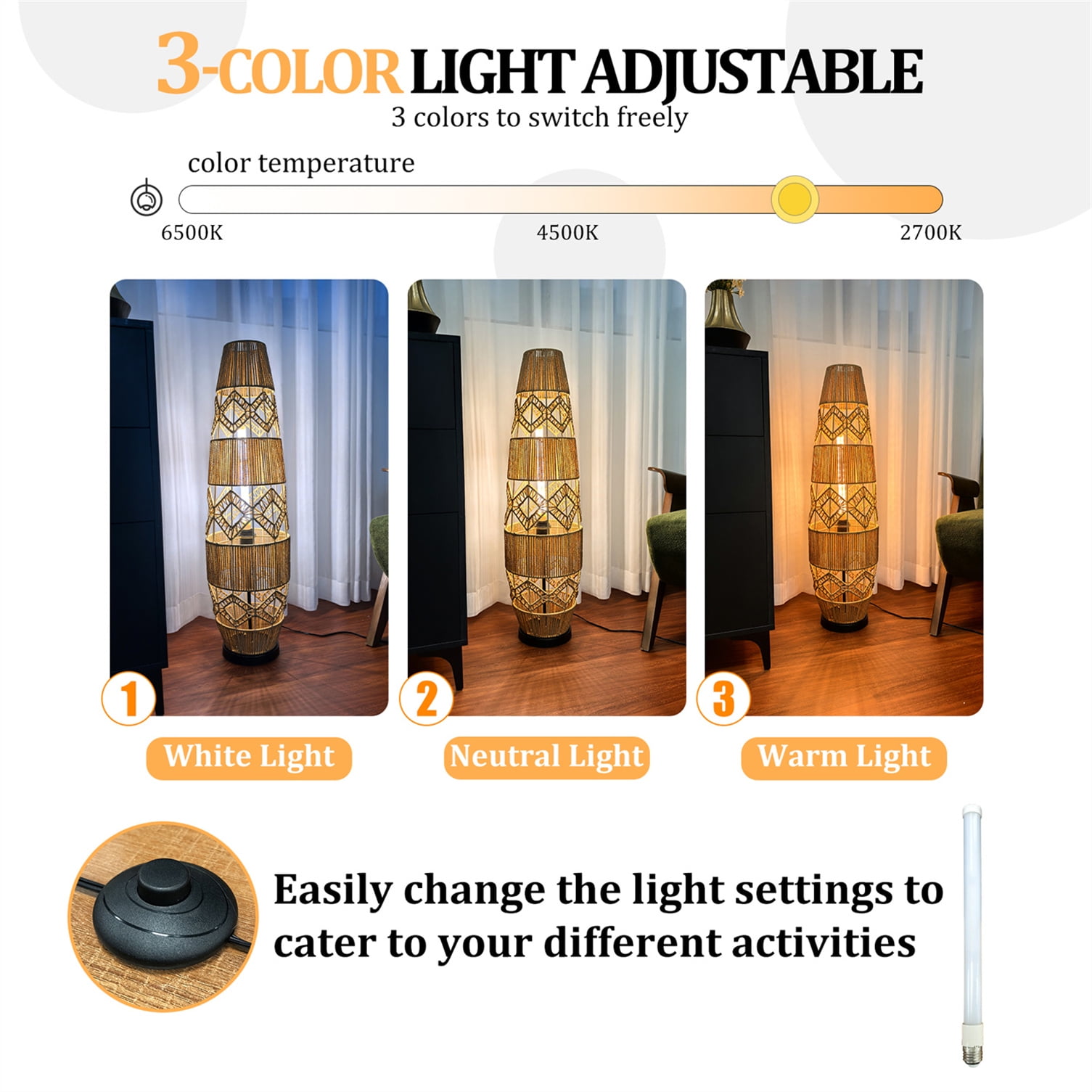 LUVODI 36.61 inch Standing Lamps 3 Color Temperatures Woven Wicker Boho Lantern Bedside Floor Lamp with Foot Switch
