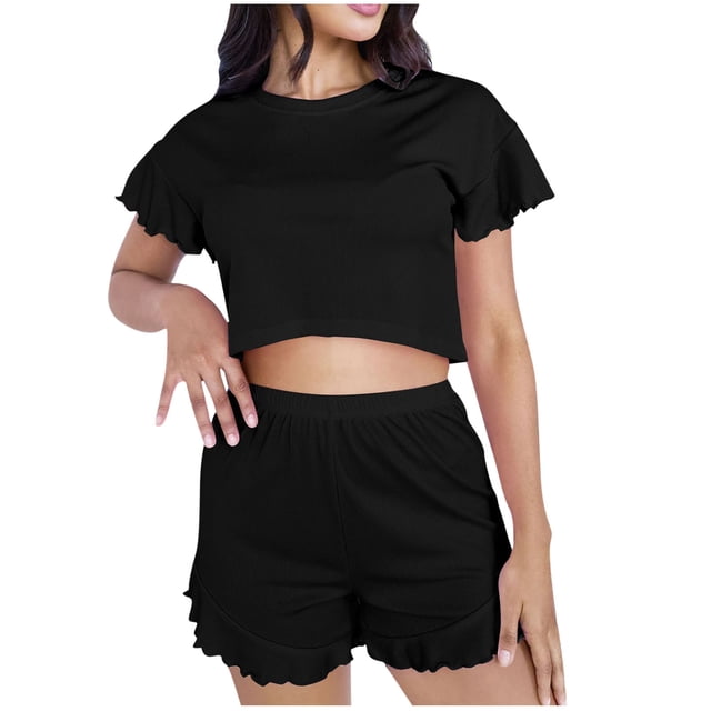 Ensembles de Pyjama pour Femmes 2 Pcs Manches Courtes Col Rond Manches Courtes Hauts de Pyjama Courts Blouses Classiques Ultra Doux Texturés Shorts de Pyjama Extensibles Chemise de Nuit