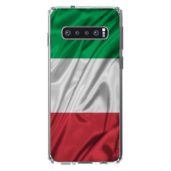 DistinctInk Clear Shockproof Hybrid Case for Samsung Galaxy S10  PLUS(6.4" Screen) - TPU Bumper, Acrylic Back, Tempered Glass Screen Protector - Italian Flag Italy Waving Red White Green -Italy