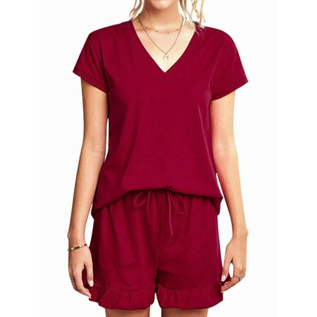 

STARVNC Women 2 Pieces Short Sleeve Solid Color Pajamas Set